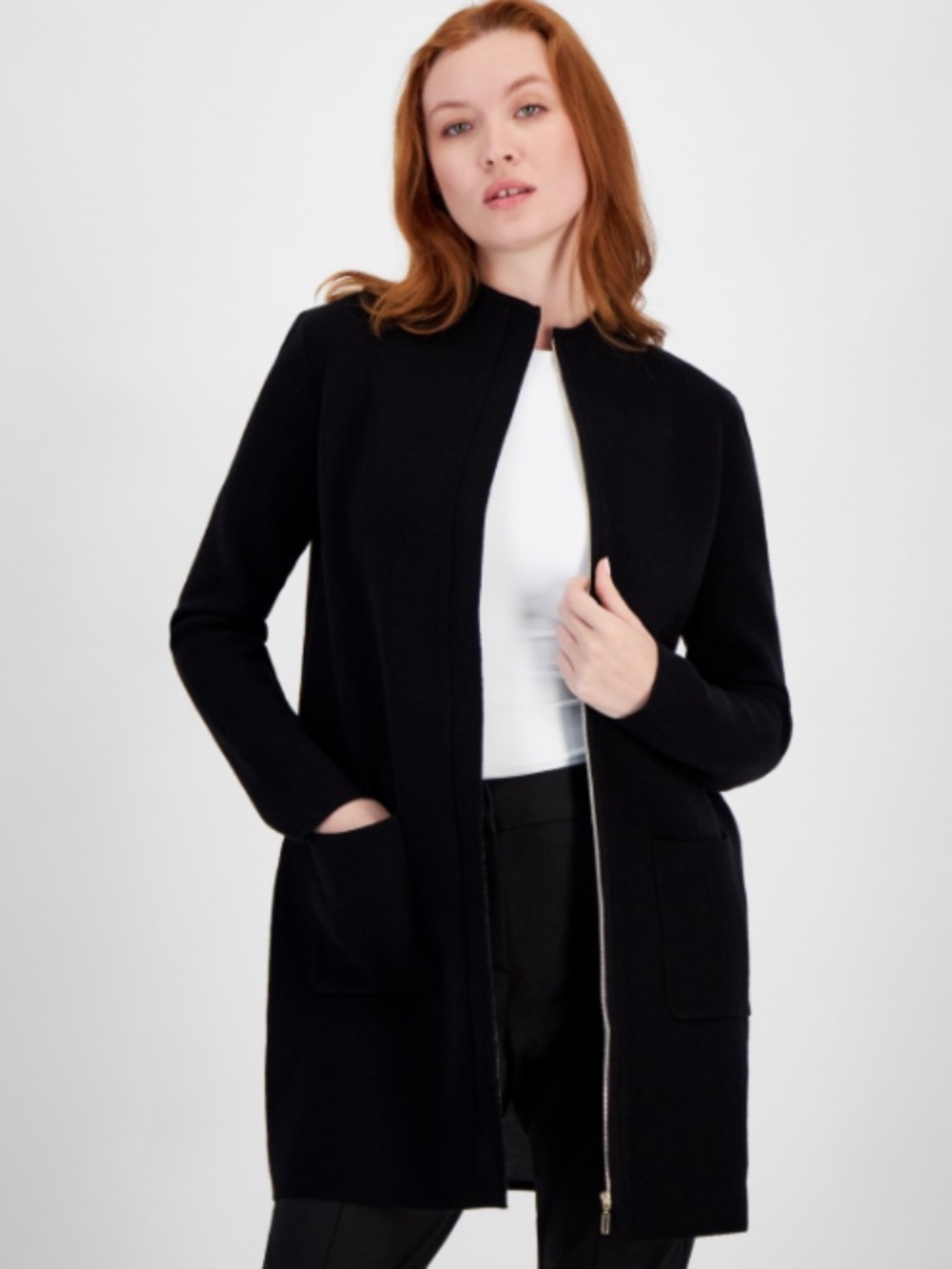 T Tahari Women's Black/Grey Funnel-Neck Thigh-Length Zip Coat Size L NWT